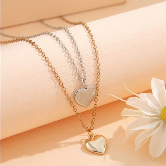 Gold & Silver Two Piece Heart Necklace Set - Picture 2 of 3